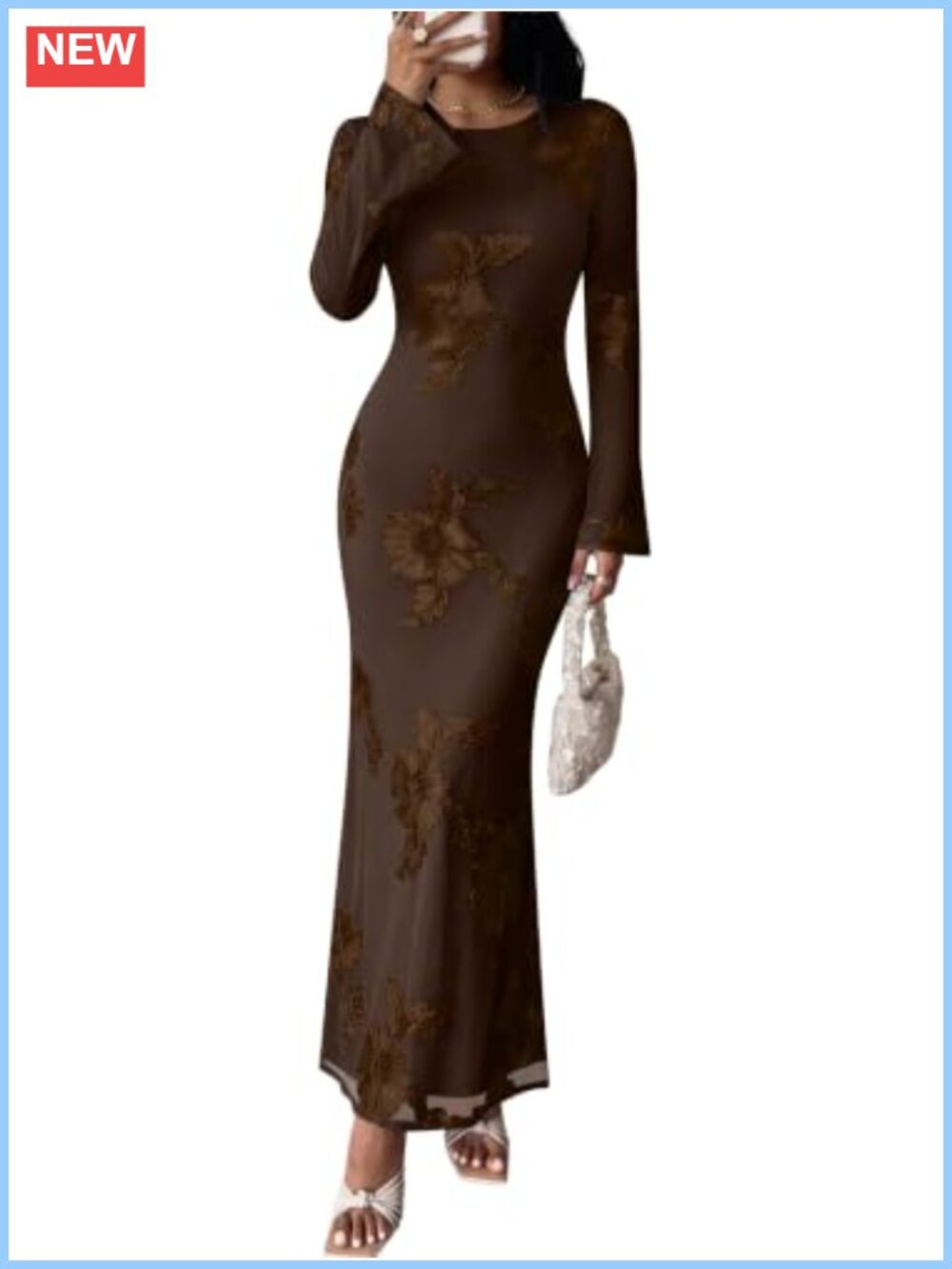 Women's Long Sleeve Mesh Maxi Dress Floral Tape Wedding Guest Cocktail